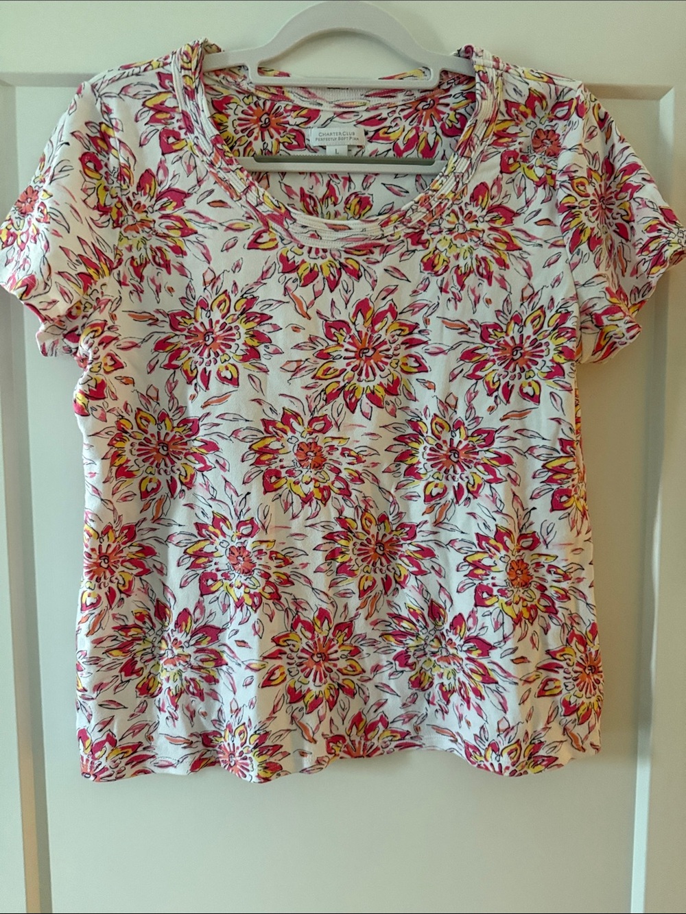 Style & Co. White Short Sleeve Tee with Pink & Yellow Floral Print